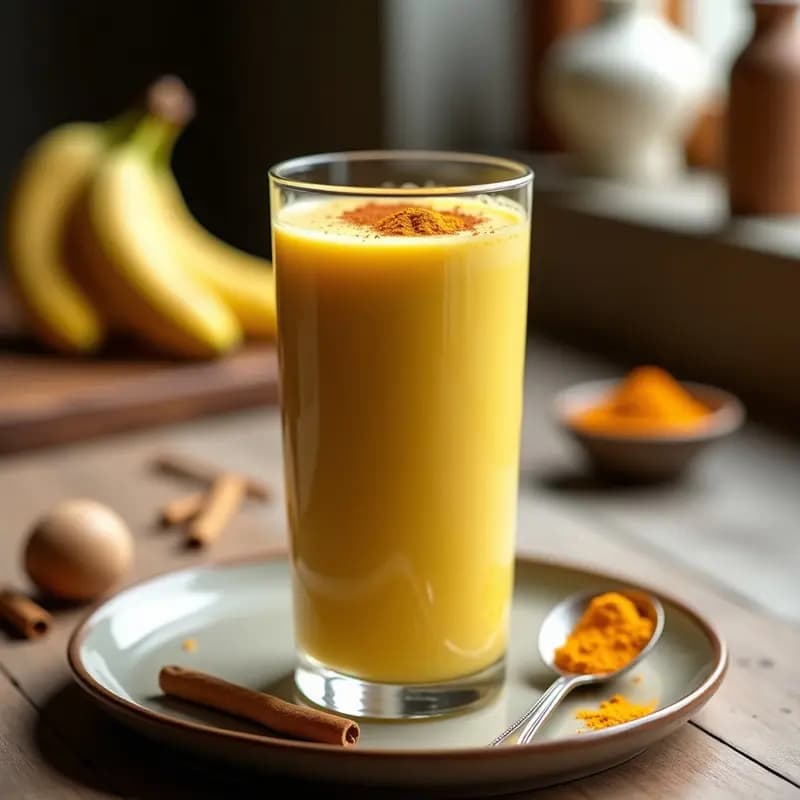 Vaso alto transparente con batido cremoso de color dorado-amarillento, decorado con una pizca de cúrcuma y canela en polvo. Al fondo, ingredientes como plátano, lucuma en polvo y semillas de chía dispersos sobre una mesa de madera rústica. Receta de batido andino antiinflamatorio.