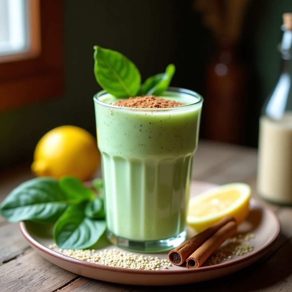 Vaso alto transparente con batido cremoso de color verde claro, decorado con semillas de chía y canela en polvo, servido sobre una mesa de madera con hojas de espinaca y rodajas de limón al lado. Bebida peruana superfood de lucuma, espinaca y leche de quinoa.