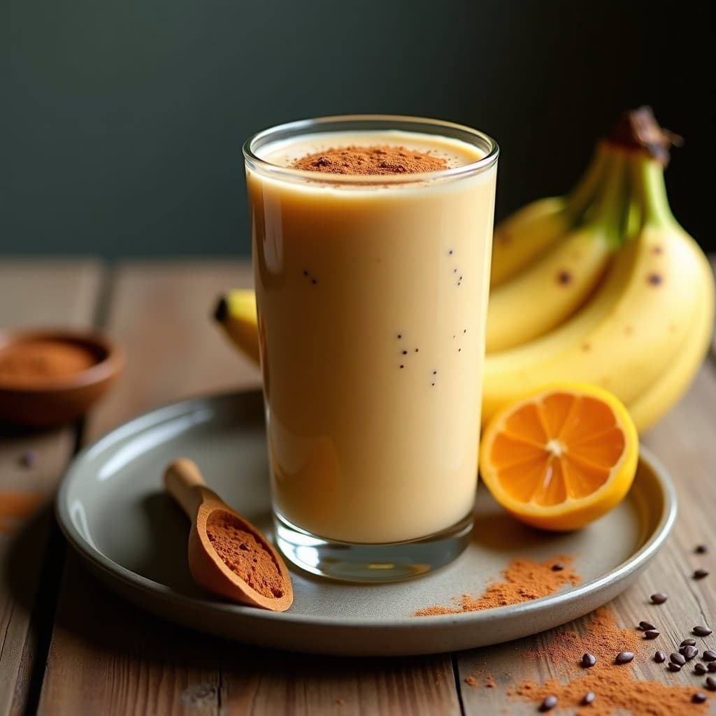 Vaso alto transparente con batido de lucuma, plátano y canela, decorado con una pizca de canela en polvo y semillas de chía. Fondo rústico con ingredientes al natural: plátanos maduros, pulpa de lúcuma y una cuchara de madera.