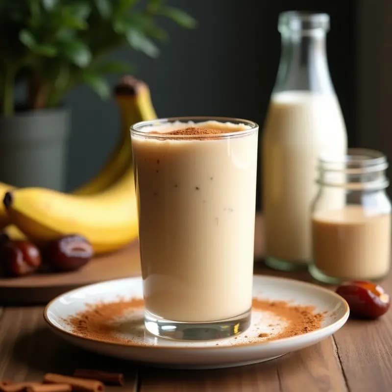 Vaso alto de cristal con batido cremoso de color beige claro, decorado con una pizca de canela en polvo en la superficie. Al fondo, ingredientes como plátano, dátiles y un tarro de maca andina en polvo sobre una mesa de madera rústica.