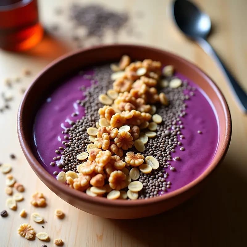 Batido espeso de color morado intenso servido en un bol de barro, coronado con granola de quinoa, avena y nueces. Al fondo, semillas de chía y un chorrito de miel decoran el plato. Desayuno peruano alto en antioxidantes.