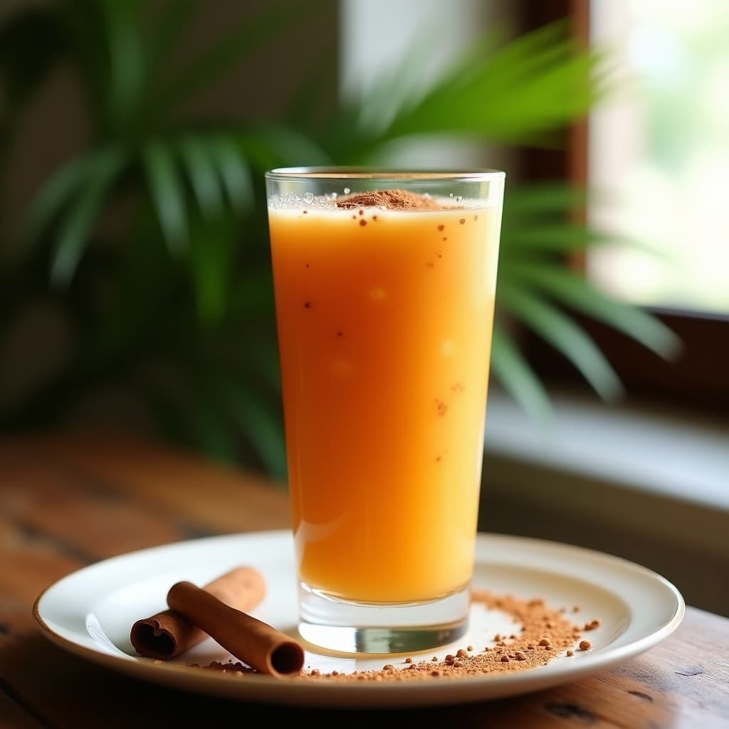 Batido de Mamey y Chía con Toque a Vainilla servido en vaso alto transparente, con capas visibles de pulpa naranja cremosa, semillas de chía negras y un espolvoreado de canela en la superficie. Fondo con hojas de palma y luz natural.