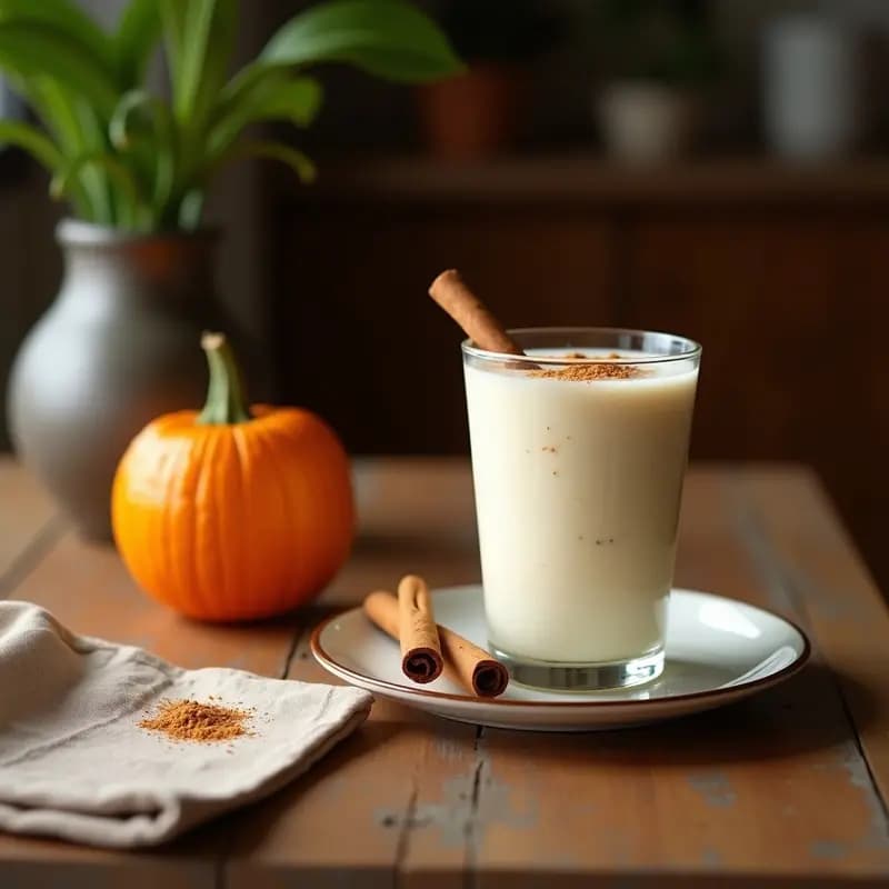 Vaso alto transparente con batido de mamey y leche de coco, espolvoreado con canela en polvo, sobre una mesa de madera con hojas de coco y una cucharita de metal.