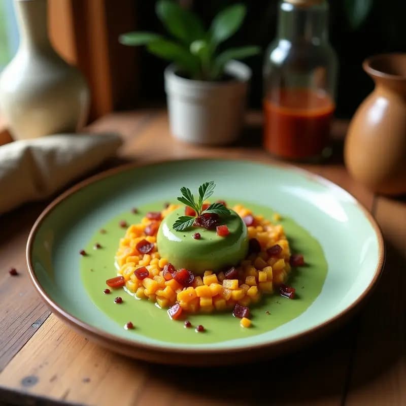 Vaso alto transparente con batido de mamey sapote y espirulina, de color naranja cremoso, decorado con nueces de Brasil trituradas y una paja de bambú, sobre una mesa rústica de madera con hojas de plátano de fondo.