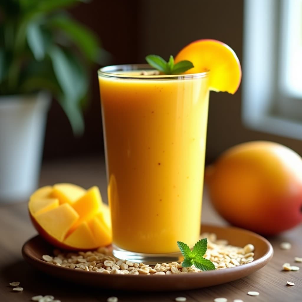 Vaso alto transparente con batido cremoso de color naranja intenso, decorado con semillas de lino dorado y una rodaja de mango ataulfo. Fondo rústico con textura de madera y hojas de menta fresca. Receta de batido de mango ataulfo y avena con semillas de lino dorado para el colon.
