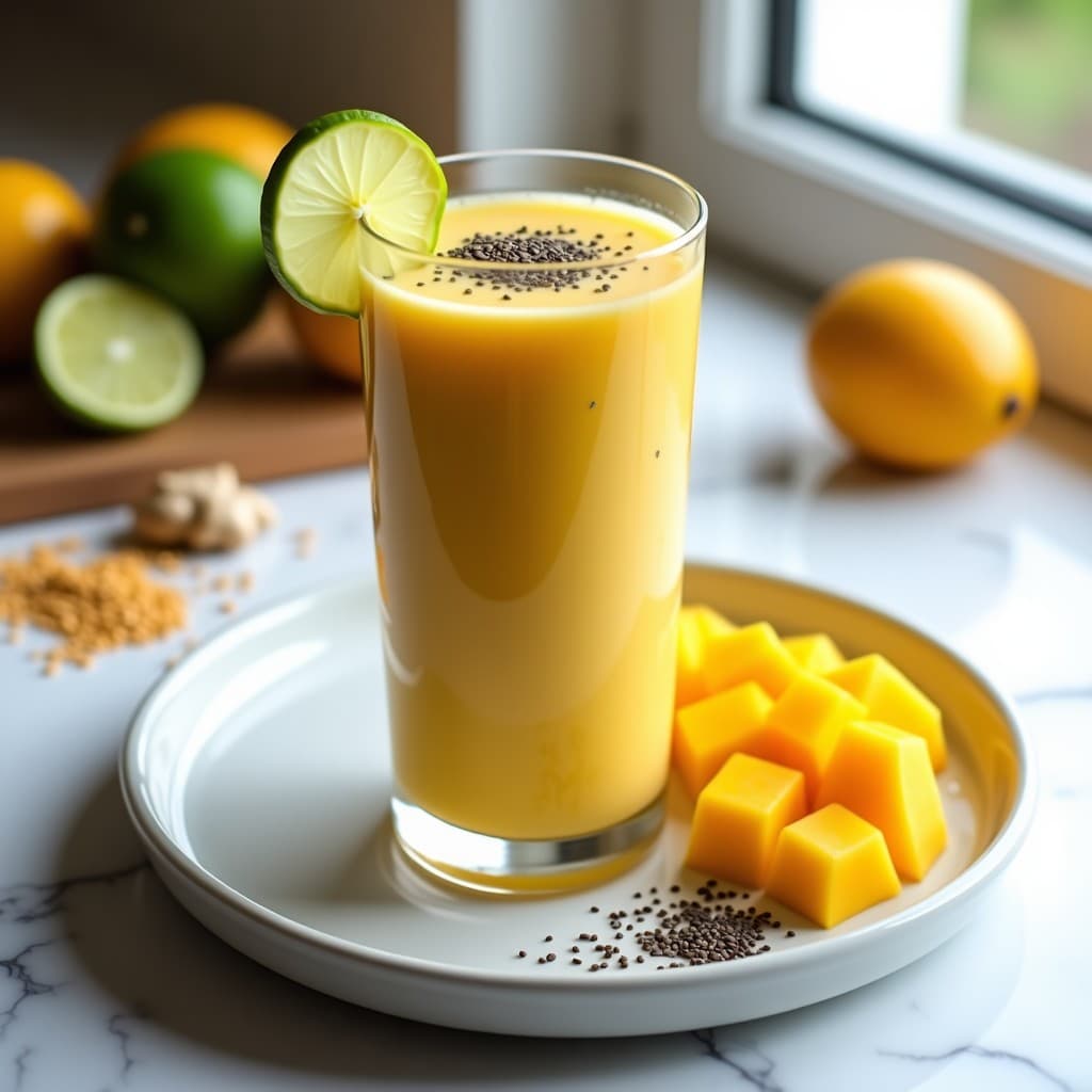 Vaso alto de cristal con batido cremoso de mango y chía, color amarillo intenso, decorado con canela en polvo y semillas de chía en la superficie. Fondo con hojas verdes de espinacas y rodajas de mango fresco. Receta vegana alta en omega-3 para desayunar.