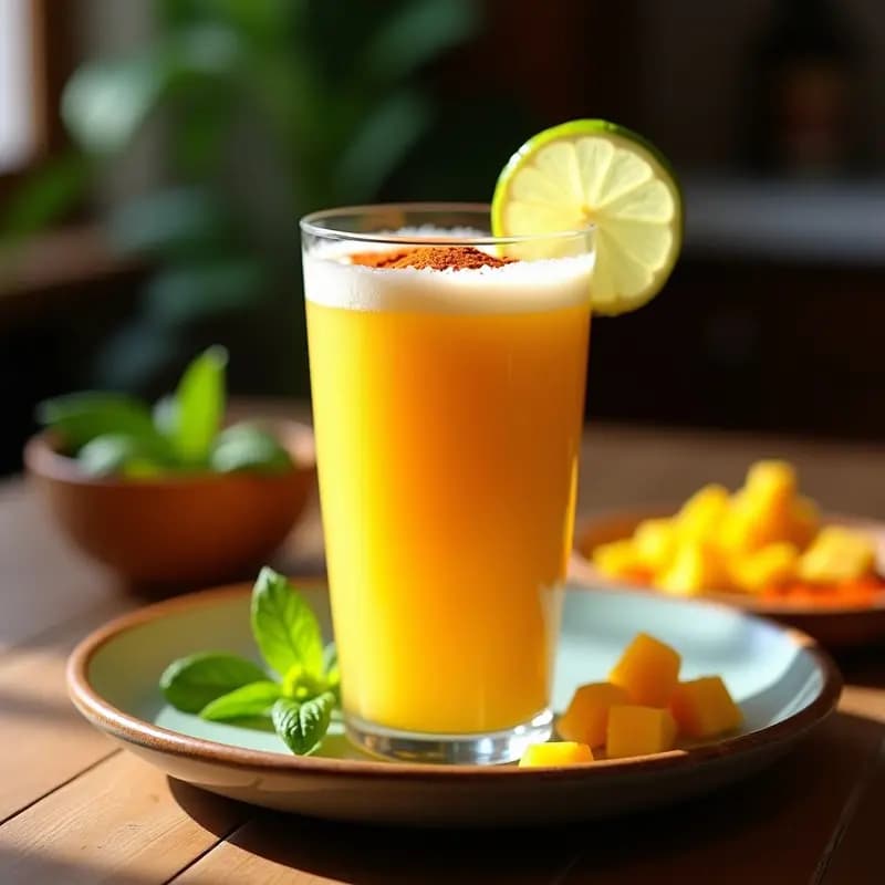 Vaso alto transparente con bebida de mango y chile en polvo, color amarillo vibrante con espuma cremosa en la superficie, decorado con rodaja de limón verde y espolvoreado de chile en polvo. Fondo con hojas de menta y trozos de mango fresco sobre una mesa de madera rústica.