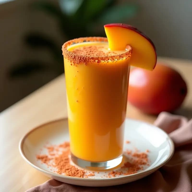 Vaso alto transparente con batido de mango y chili en polvo, decorado con rodajas de mango y borde escarchado con chili. Fondo claro con gotas de agua condensada en el vaso, estilo bebida refrescante mexicana dulce-picante.