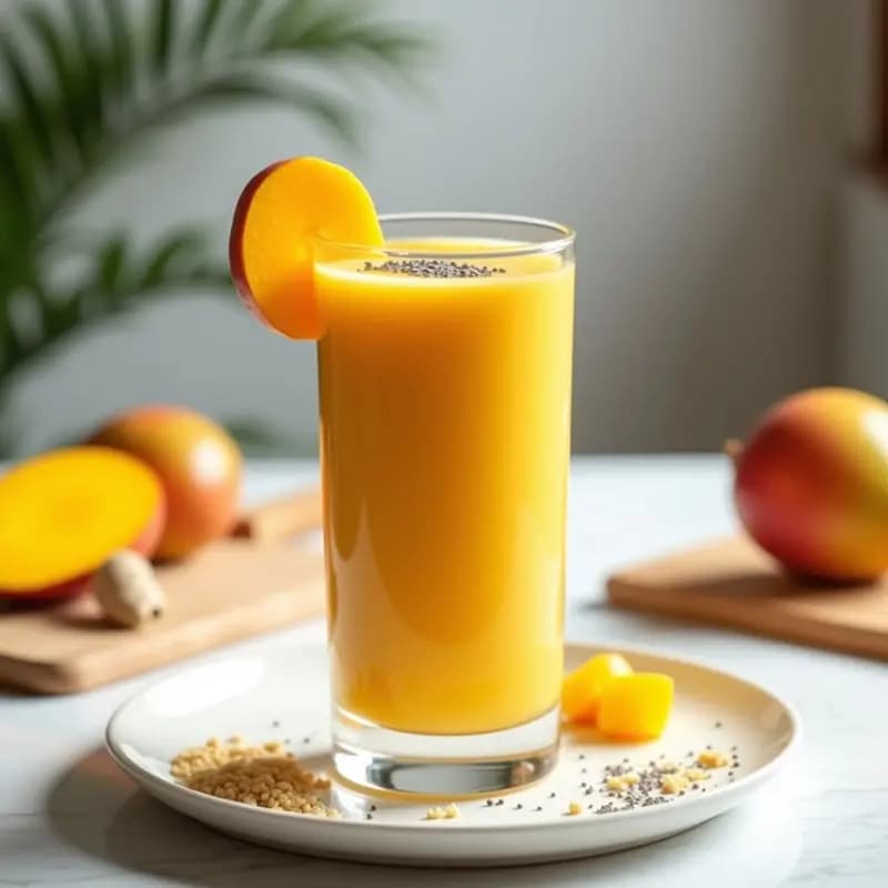 Vaso alto transparente con batido de mango Tommy Atkins y jengibre, semillas de chía visibles en la superficie, decorado con una rodaja de mango y una pizca de jengibre rallado. Fondo claro con detalles tropicales como hojas de palmera.