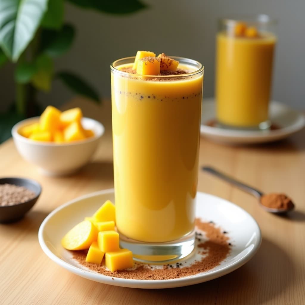 Vaso alto de cristal con batido de mango y maca con leche de soja, bebida peruana energizante de color crema, decorado con semillas de chía y canela en polvo, sobre una mesa rústica de madera con mango fresco y maca en polvo al fondo.