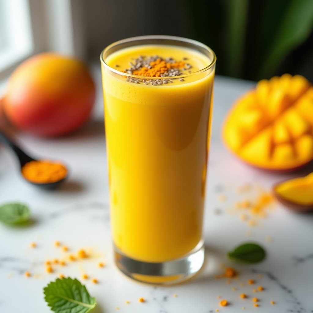 Vaso alto transparente con batido de mango, turmeric y leche de almendras, de color amarillo dorado, decorado con semillas de chía y una pizca de cúrcuma en polvo. Fondo blanco con trozos de mango fresco y hojas de menta.