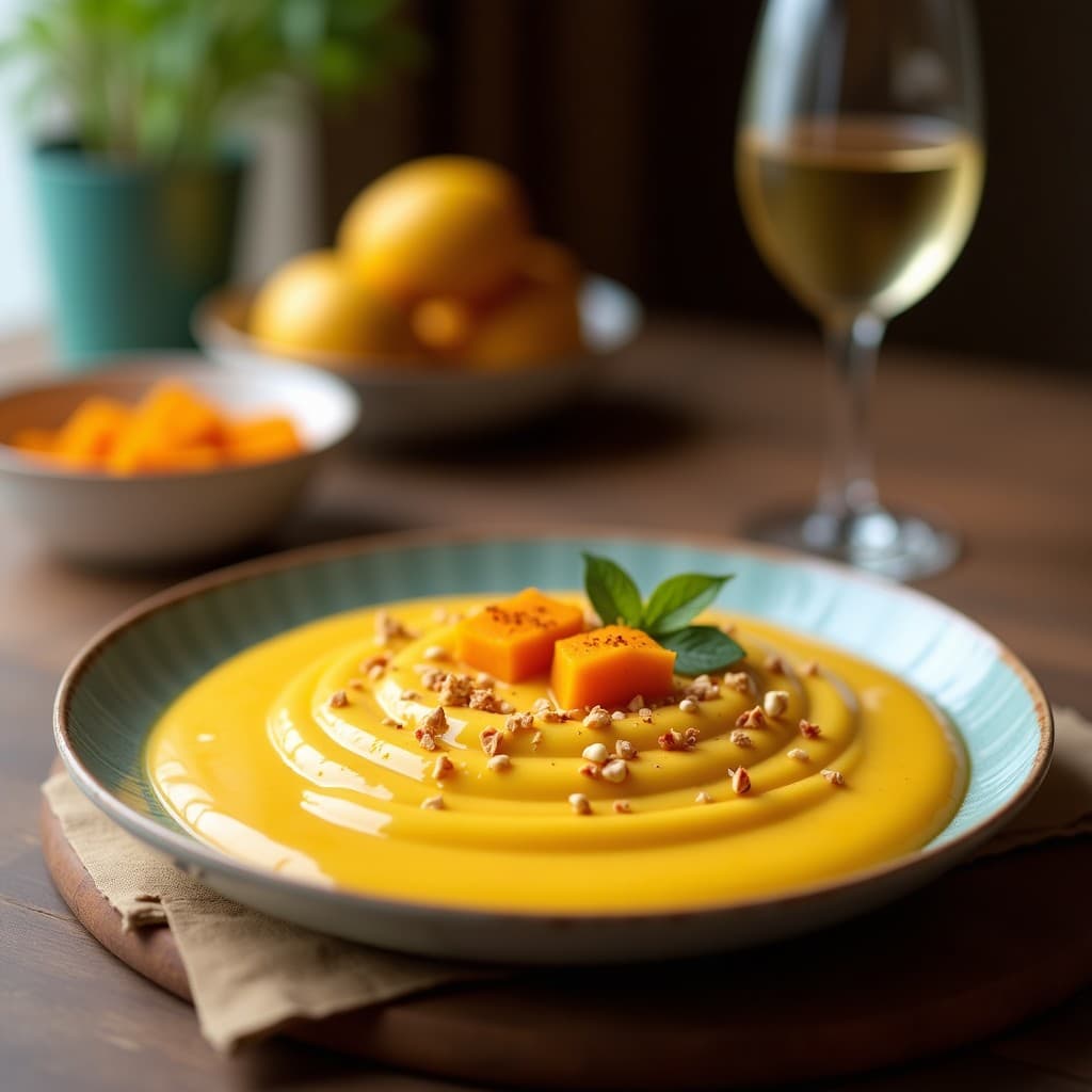 Vaso alto de cristal con batido de mango y turmérico de color amarillo dorado, coronado con semillas de cáñamo tostadas y una pizca de turmérico en polvo. Fondo con trozos de mango fresco y una cuchara de madera. Bebida antiinflamatoria energética lista para servir.