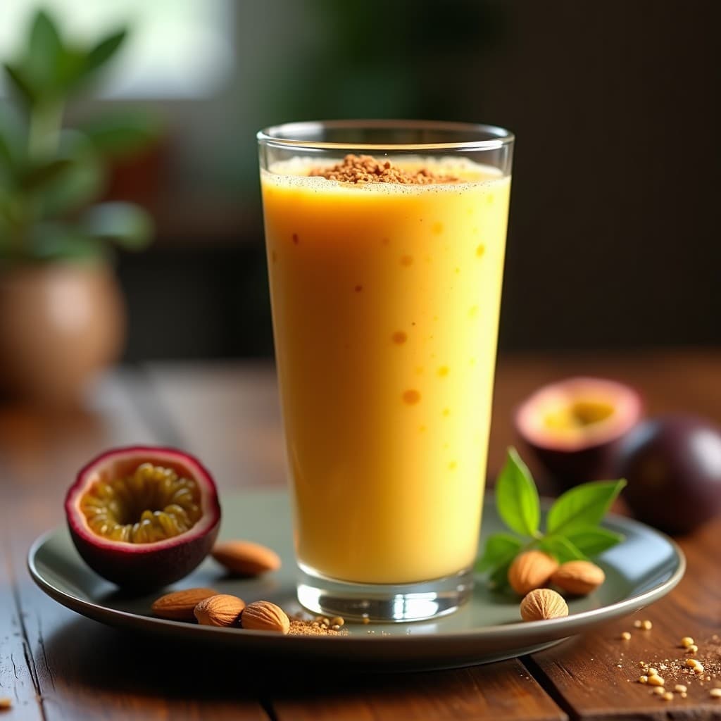 Vaso alto transparente con batido de maracuyá y leche de almendras, coronado con semillas de lino y una pizca de canela. Fondo con hojas de maracuyá y almendras enteras, luz natural resaltando la textura cremosa y el color amarillo vibrante.