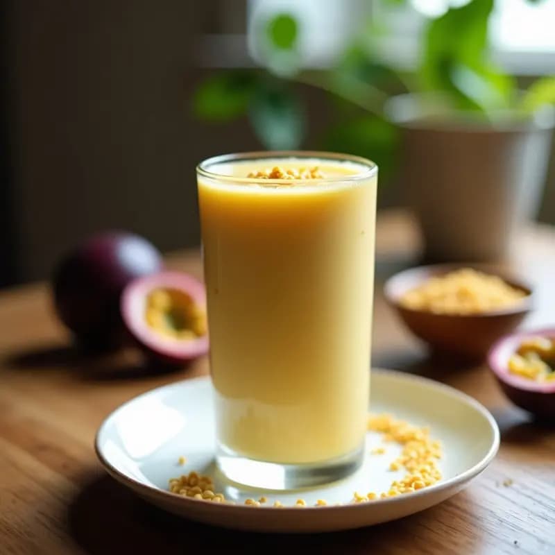 Vaso alto transparente con batido cremoso de color amarillo pálido, decorado con semillas de sésamo tostadas en la superficie y un fondo de hoja de maracuyá. Bebida energética brasileña con textura suave y toques crujientes.