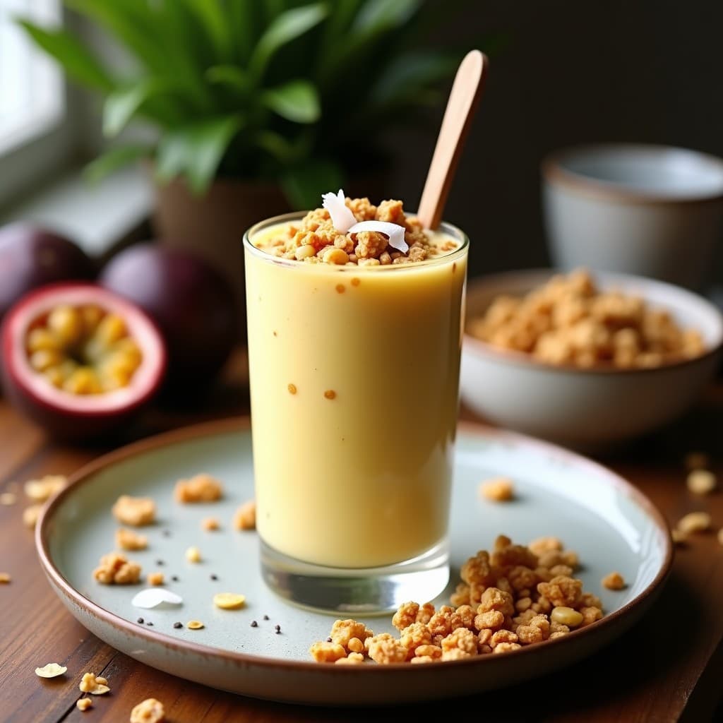 Vaso alto transparente con batido cremoso de color amarillo pálido, coronado con granola dorada y coco rallado. Pulpa de maracuyá visible en los bordes y una cuchara de madera sumergida, receta de desayuno alta en proteína.