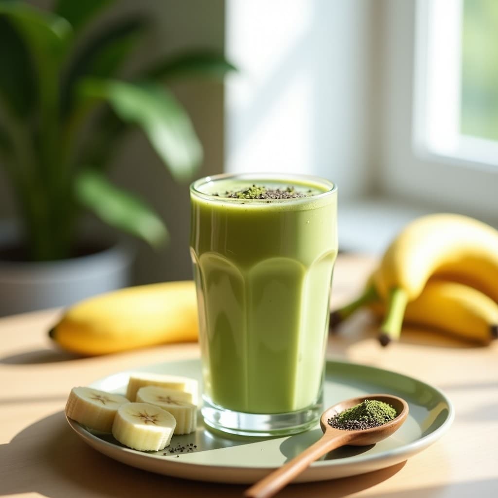 Vaso alto transparente con batido verde vibrante de matcha y banana, espolvoreado con semillas de chía y una pizca de matcha en polvo, decorado con rodaja de plátano. Fondo minimalista con elementos japoneses como una cuchara de bambú.