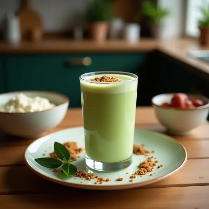 Vaso alto transparente con batido de matcha y leche de coco, color verde pálido con espuma cremosa, servido con hielo y una pajita de papel. Fondo neutro con detalles de coco rallado y polvo de matcha esparcido.