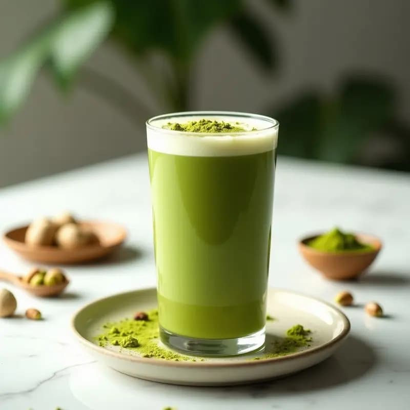 Vaso transparente alto con batido de matcha y leche de pistacho, color verde vibrante, espuma cremosa en la superficie, decorado con semillas de chía y un toque de matcha en polvo. Fondo minimalista con luz natural resaltando la textura sedosa.