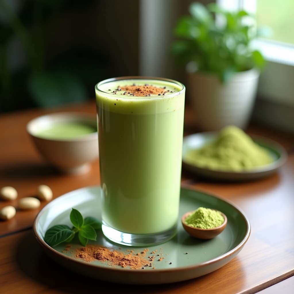 Vaso alto transparente con batido de matcha y leche de pistacho vegano sin azúcar, de color verde claro cremoso, decorado con semillas de chía y una pizca de canela. Fondo neutro con hojas de pistacho y una cucharita de matcha al lado.