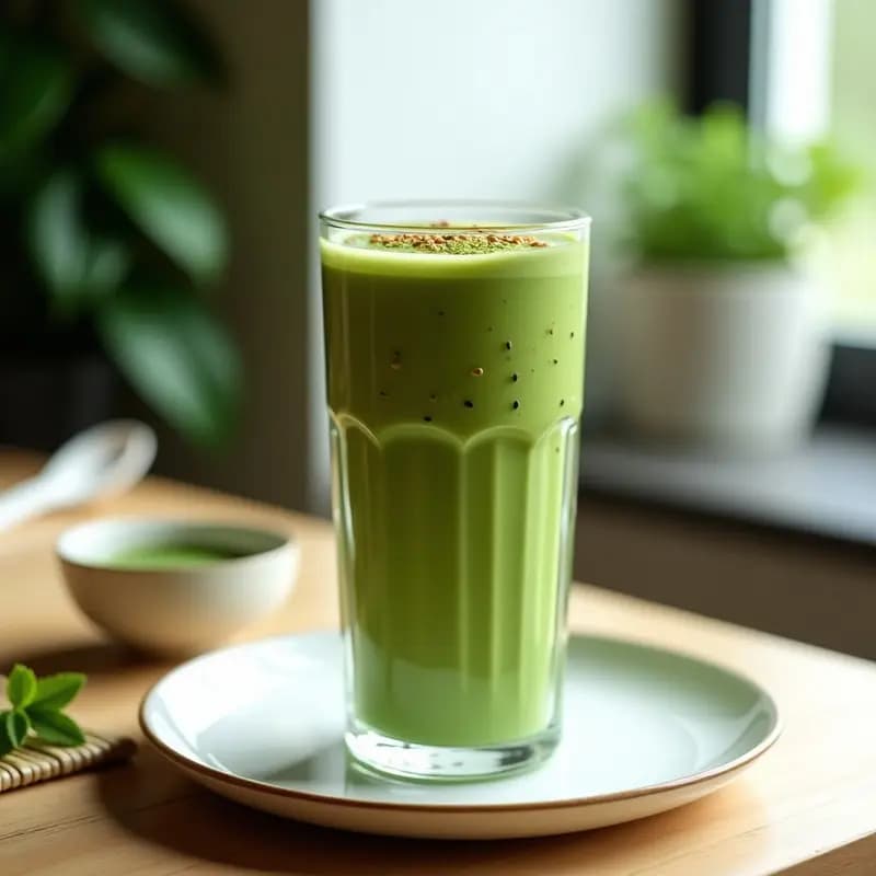 Vaso alto de cristal con batido verde esmeralda de matcha y yogur de soja, coronado con semillas de sésamo tostadas y un espolvoreado de matcha en polvo. Fondo minimalista con detalles japoneses y luz natural.