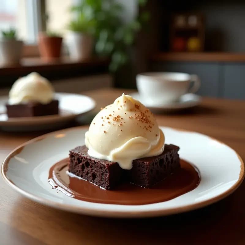 Vaso alto transparente repleto de batido monetario hipercalórico con helado de vainilla, trozos de brownies, salsa de chocolate espesa derramándose por los bordes, nata montada y virutas de chocolate negro. Postre líquido indulgente y cremoso.