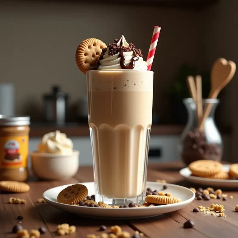 Vaso alto transparente lleno de batido Monster Cookie Dough espeso, con capas de helado, trozos de masa de galleta, caramelo líquido y nata montada. Decorado con galletas trituradas y chips de chocolate por encima, servido con una cuchara larga y paja.