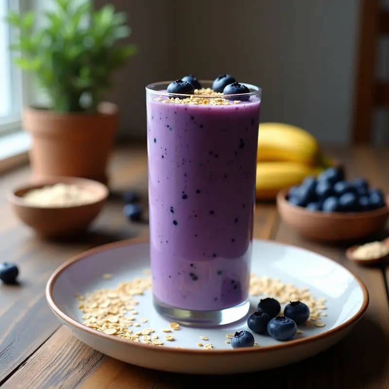 Vaso alto transparente con batido de moras azules, avena y semillas de lino, decorado con moras frescas y semillas de lino por encima, sobre una mesa de madera con ingredientes al fondo.