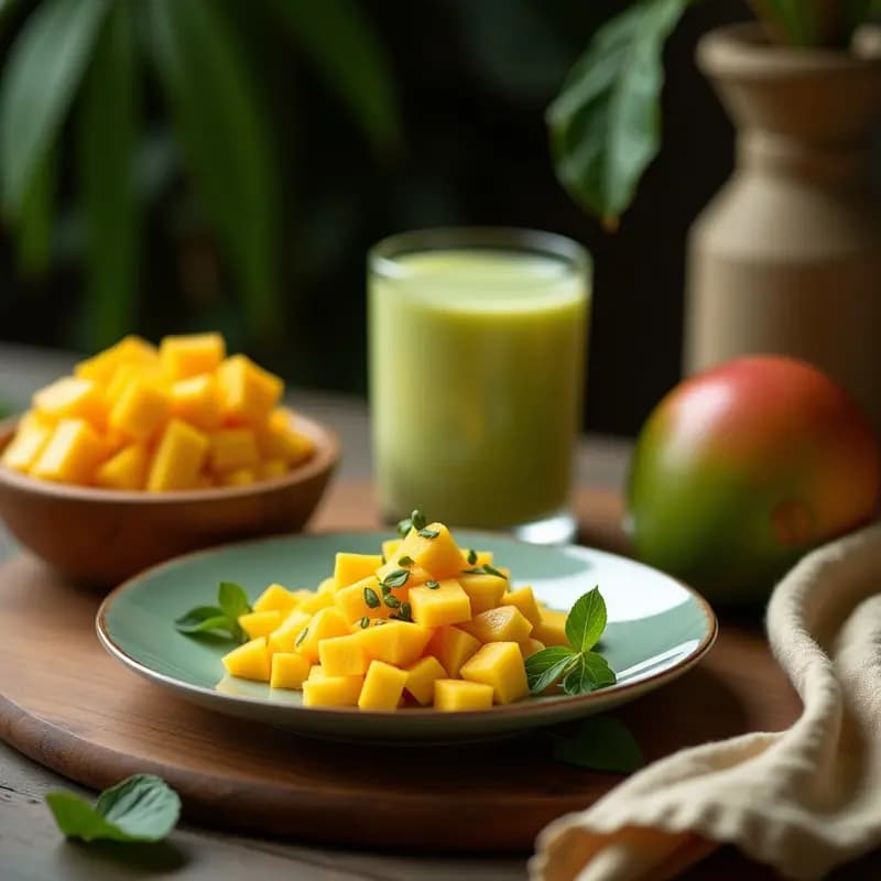 Vaso alto transparente con batido de moringa y mango con leche de coco, de color verde claro, decorado con una rodaja de mango y semillas de chía en la superficie. Fondo blanco con hojas de menta.