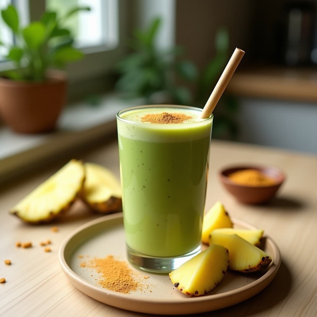Vaso alto de cristal con batido verde vibrante de moringa y piña, coronado con un espolvoreado de polvo de moringa y canela, servido con una paja de bambú sobre un fondo de madera clara con trozos de piña fresca y semillas de lino al lado.