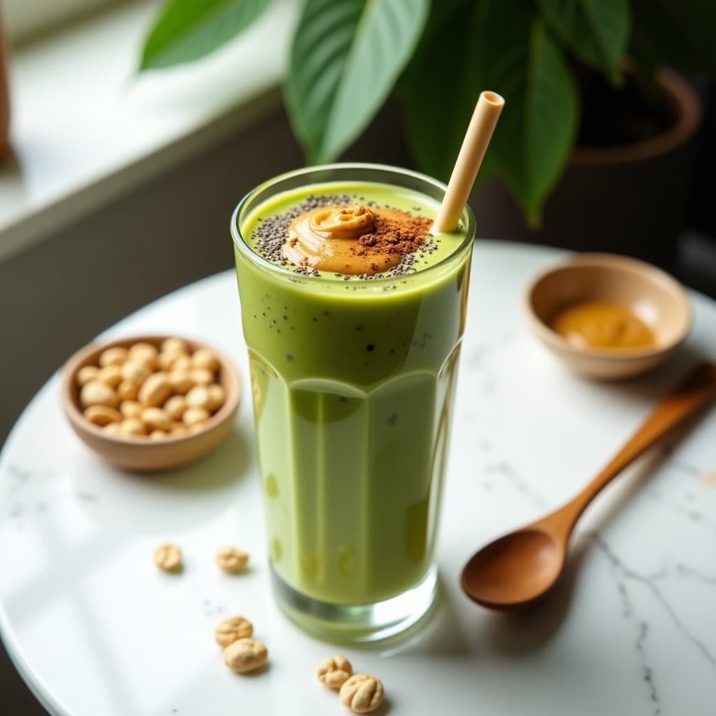 Vaso alto transparente con batido verde cremoso de moringa y plátano, coronado con mantequilla de cacahuete en remolino, semillas de chía, canela y cacahuetes picados. Fondo blanco con detalles de hojas verdes y una cuchara de madera.