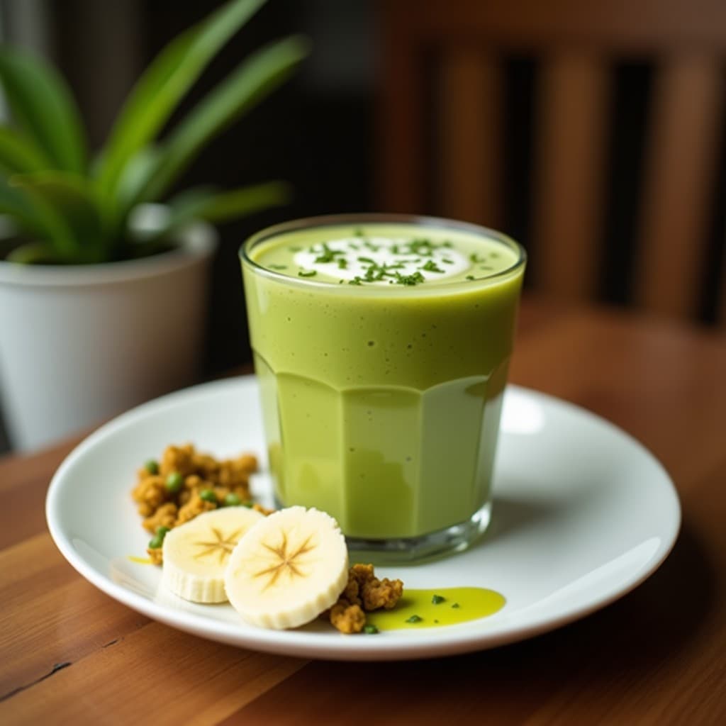 Vaso alto de cristal con batido verde cremoso de moringa y plátano macho, coronado con una pizca de canela y semillas de chía, sobre fondo de madera con hojas de coco y plátanos verdes. Desayuno tropical antiinflamatorio.