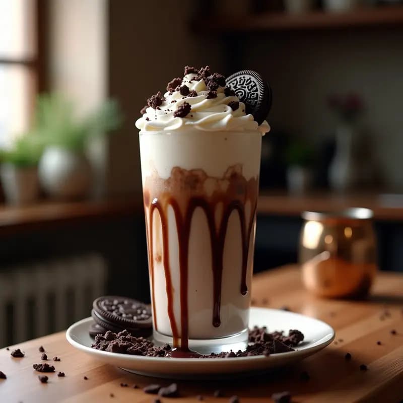 Vaso alto de cristal con batido espeso de color marrón oscuro, coronado con nata montada, trozos de brownie, galletas Oreo enteras y virutas de chocolate. El sirope de chocolate resbala por las paredes del vaso, y el fondo muestra el contraste entre el batido cremoso y los tropezones de galleta y brownie.