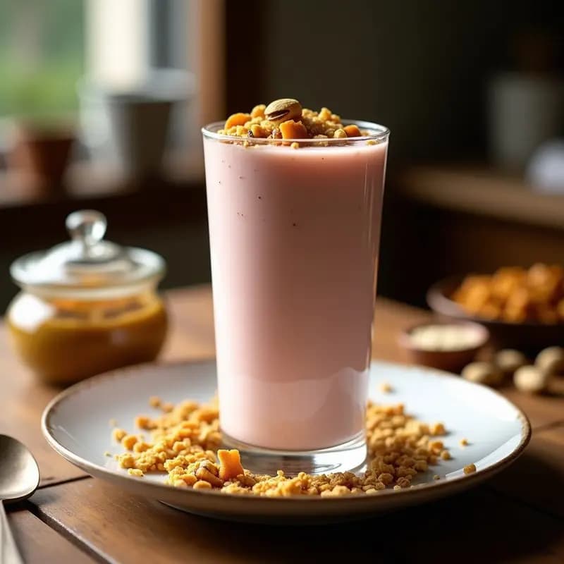 Vaso alto transparente con batido cremoso de color rosado claro, coronado con granola dorada de pistacho y semillas de chía. Fondo rústico con detalles de madera y un tarro de pacharán navarro al lado. Desayuno español keto y energético.
