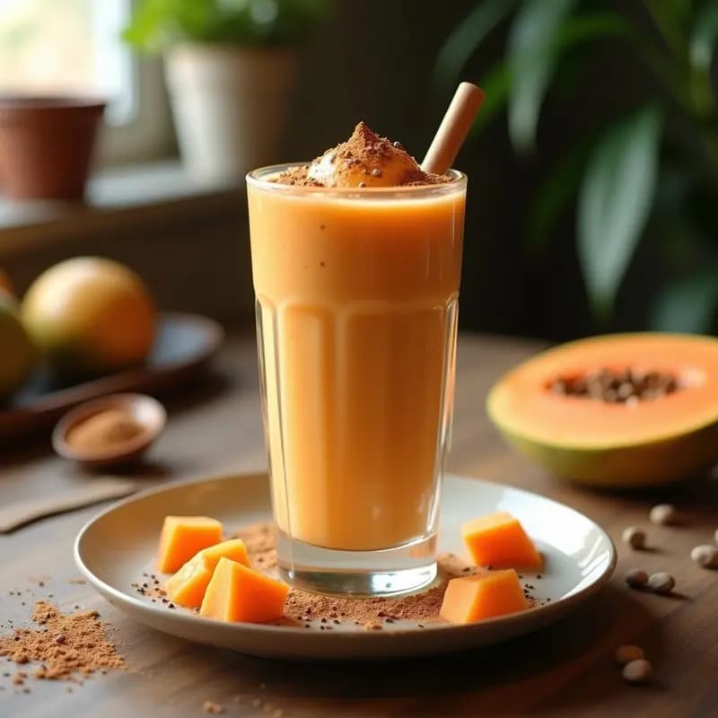 Vaso alto transparente con batido de papaya y chufa con canela, decorado con semillas de chía y un toque de canela en polvo por encima. Fondo con trozos de papaya fresca y una cucharita de madera. Bebida colombiana vegana y sin lactosa.