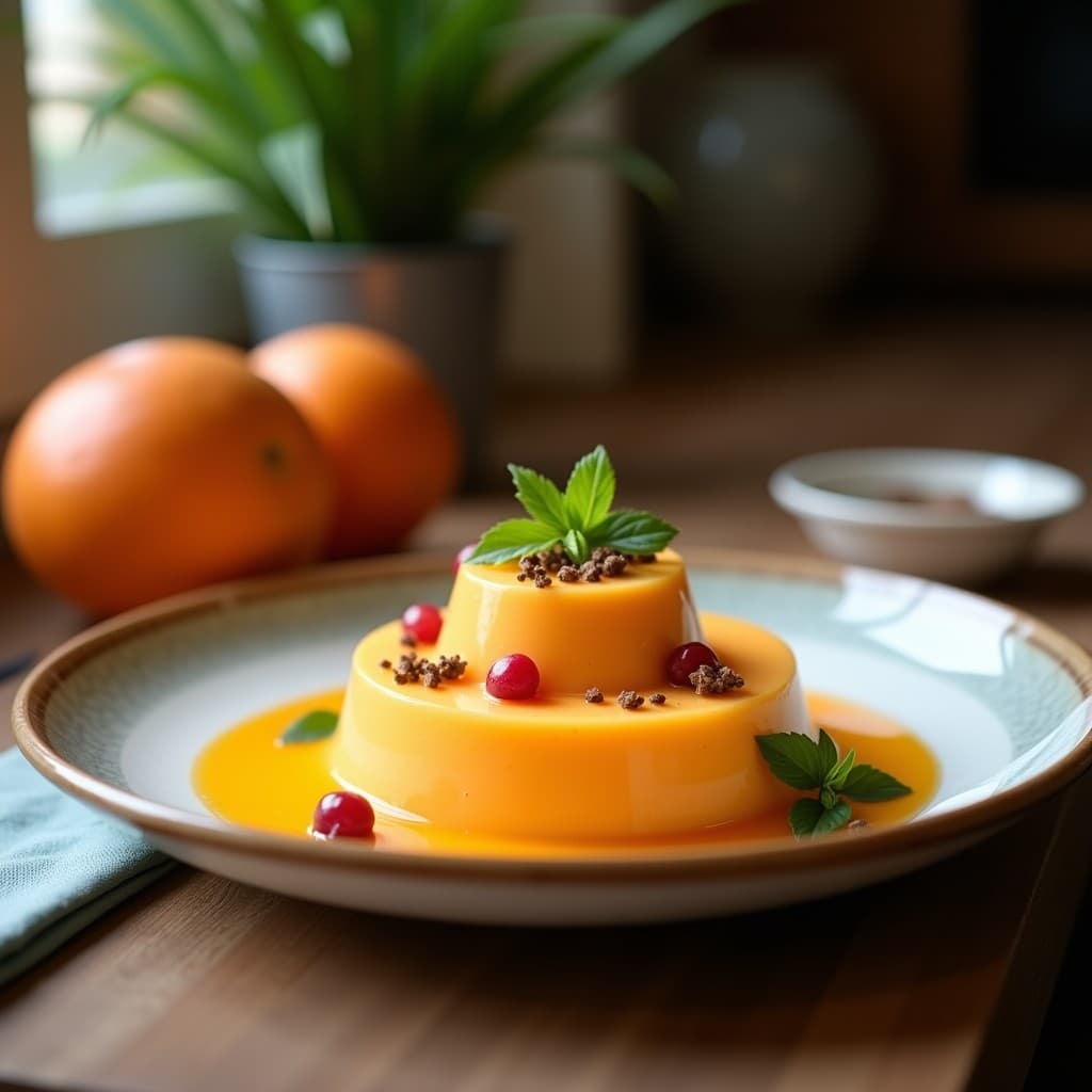 Vaso alto de cristal con batido cremoso de color naranja dorado, decorado con semillas de lino y una rodaja de limón. Fondo con hojas de papaya y cúrcuma en polvo espolvoreada, estilo tropical y saludable.