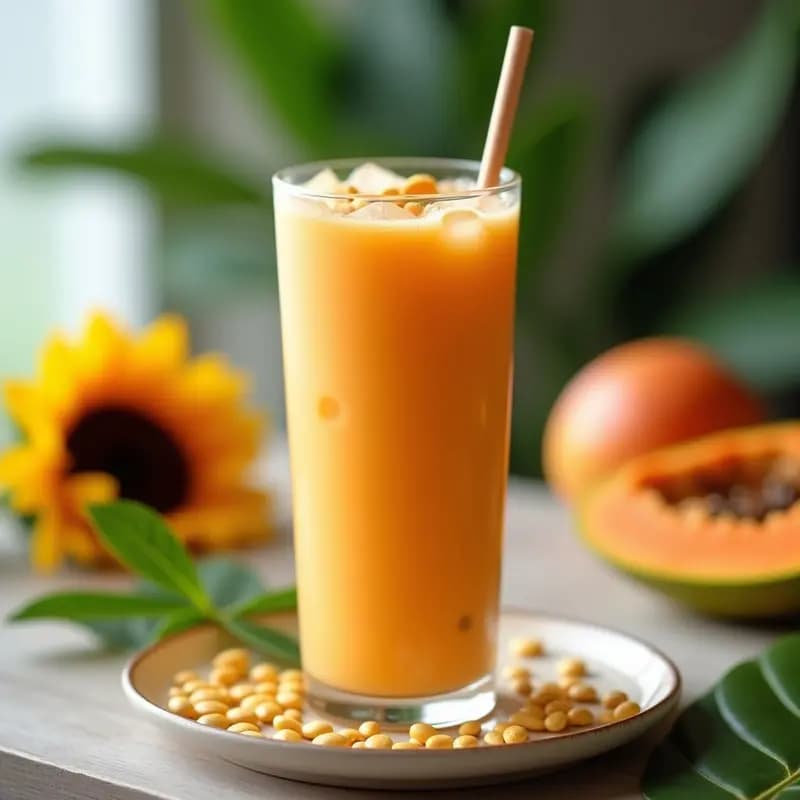Vaso alto transparente con batido de papaya y leche de macadamia, cremoso y de color crema, decorado con semillas de girasol y un toque de canela en polvo. Fondo con hoja de palmera y rodajas de limón.
