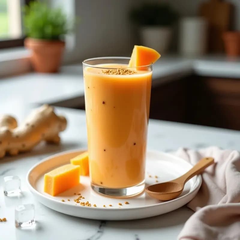 Vaso alto transparente con batido cremoso de color naranja claro, decorado con semillas de linaza dorada y un trocito de papaya. Fondo blanco con jengibre fresco y una cuchara de madera al lado.