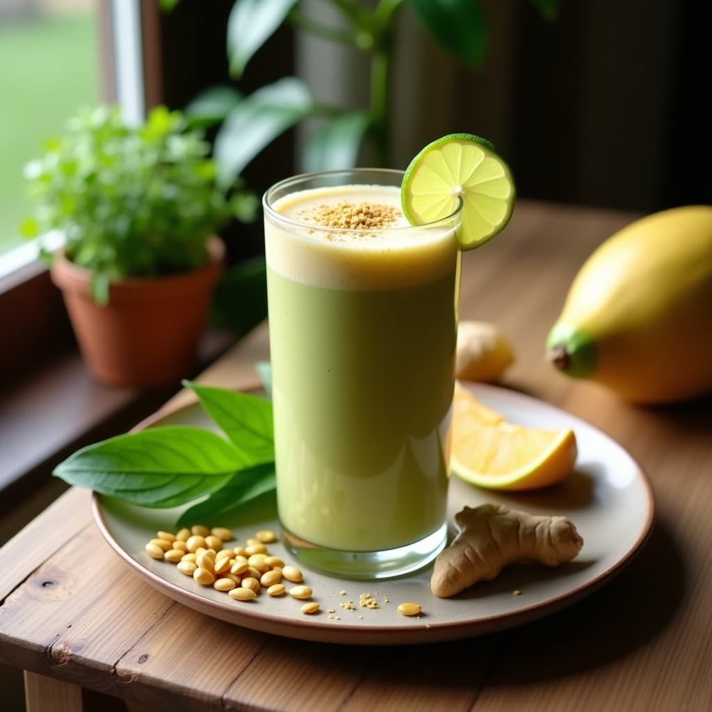 Vaso alto transparente con batido de color verde claro y beige, decorado con rodajas de limón y semillas de calabaza. Fondo natural con hojas de papaya y trozos de jengibre fresco.