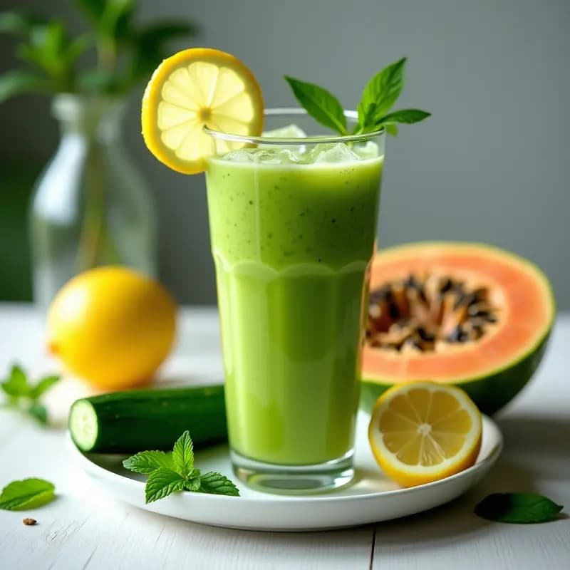 Vaso alto transparente con batido de papaya verde y pepino, decorado con rodajas de limón y hojas de menta fresca, sobre fondo de madera clara con ingredientes dispersos: pepino, papaya verde cortada y limones.
