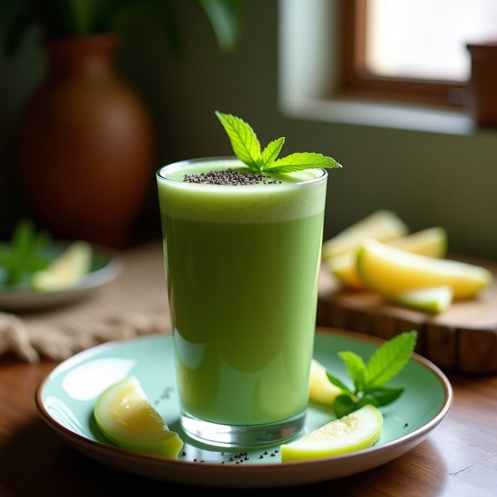 Vaso alto transparente con batido verde esmeralda de pépiño y jengibre, decorado con rodajas de pépiño, hojas de menta y semillas de chía, sobre una mesa de madera rústica con fondo de cocina peruana.