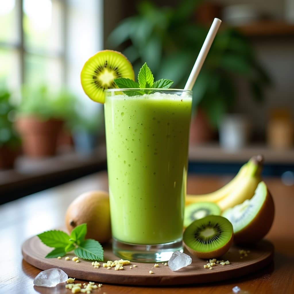 Vaso alto transparente con batido verde vibrante de pepino y kiwi, decorado con rodaja de kiwi, hojas de menta y jengibre rallado, sobre fondo de madera con hielo y gotas de condensación, bebida detox refrescante para el verano.