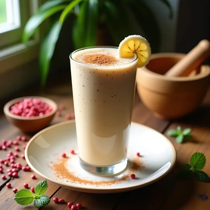 Vaso alto de cristal con batido cremoso de color beige claro, decorado con una pizca de pimienta rosa molida y una rodaja de plátano. Fondo desenfocado con hojas de menta y granos de pimienta rosa enteros.
