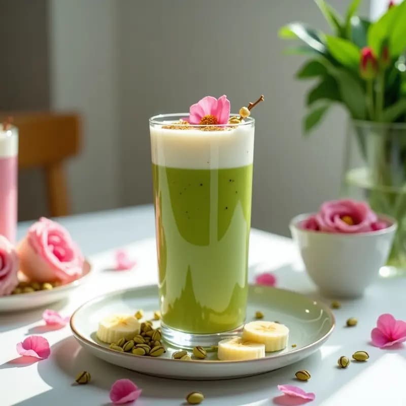 Vaso alto transparente con batido verde pistacho y espuma blanca, decorado con pétalos de rosa comestibles rosados y un hilo de miel dorada en espiral. Fondo claro con pistachos picados esparcidos y un plátano en rodajas.
