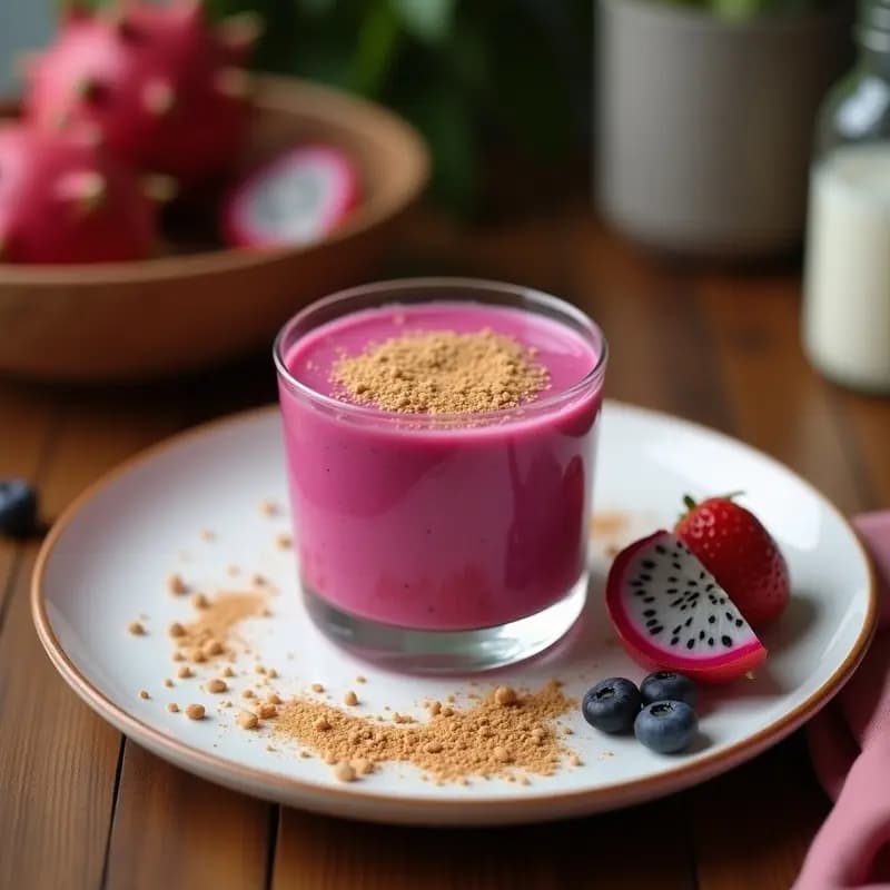 Vaso alto transparente con batido de pitahaya y leche de coco con chía, decorado con coco rallado y una rodaja de limón, sobre fondo de madera rústica.