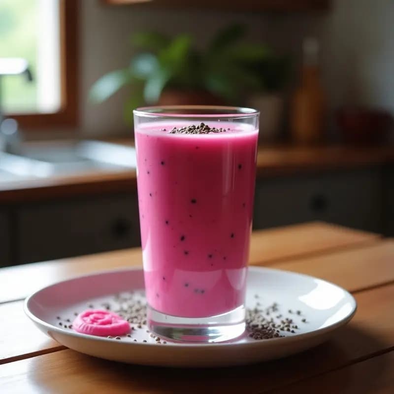Batido de pitahaya y leche de almendras servido en vaso alto transparente, con color rosa vibrante y semillas de chía en la superficie, fondo de cocina rústica.