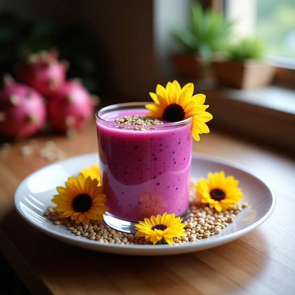 Batido vegano de pitahaya y leche de coco ligera servido en vaso alto de cristal, con semillas de girasol tostadas flotando en la superficie y un fondo de hojas tropicales. Bebida rosa vibrante rica en vitamina C.