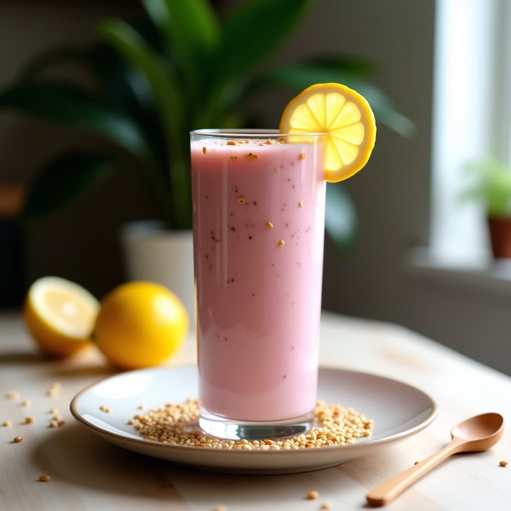 Vaso alto transparente con batido de pitahaya y moringa de color rosa pálido, coronado con semillas de sésamo tostadas y una rodaja de limón al lado. Fondo neutro con detalles de hojas verdes y cucharita de madera.