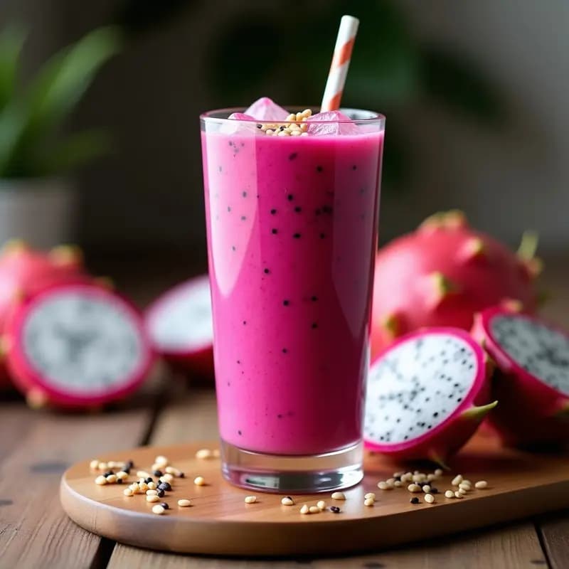Vaso alto transparente con batido rosa vibrante de pitahaya y yogur de soya, decorado con semillas de sésamo tostadas y cubitos de hielo, sobre una mesa de madera con pitahayas cortadas al fondo.