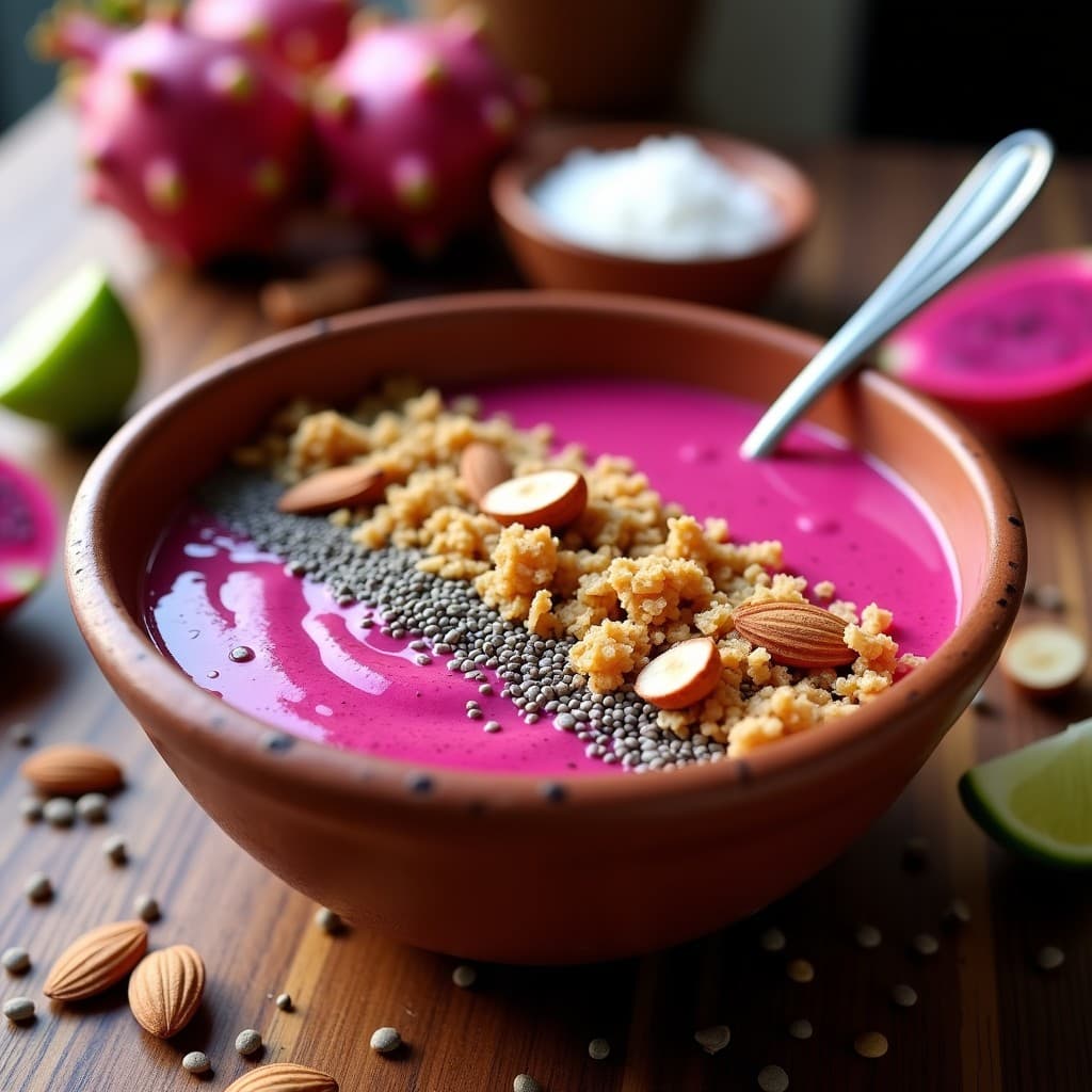 Batido de pitaya rosa vibrante en un bol de barro con granola de amaranto crujiente, semillas de chía espolvoreadas y coco rallado. Desayuno mexicano sin azúcar lleno de color y texturas.