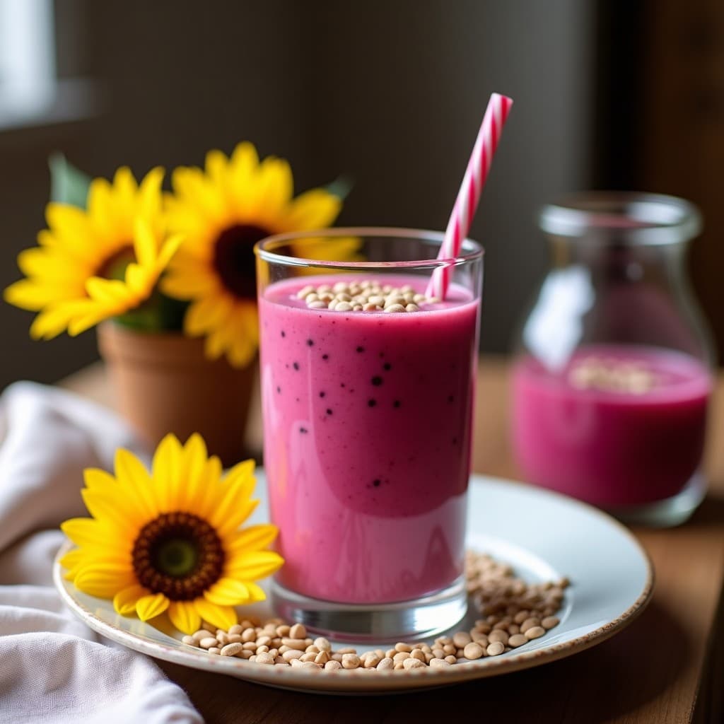 Batido vibrante de color rosa intenso servido en vaso alto de cristal, coronado con semillas de girasol doradas. Fondo con ingredientes frescos: pitaya roja cortada, coco rallado y jengibre. Desayuno antioxidante saludable.